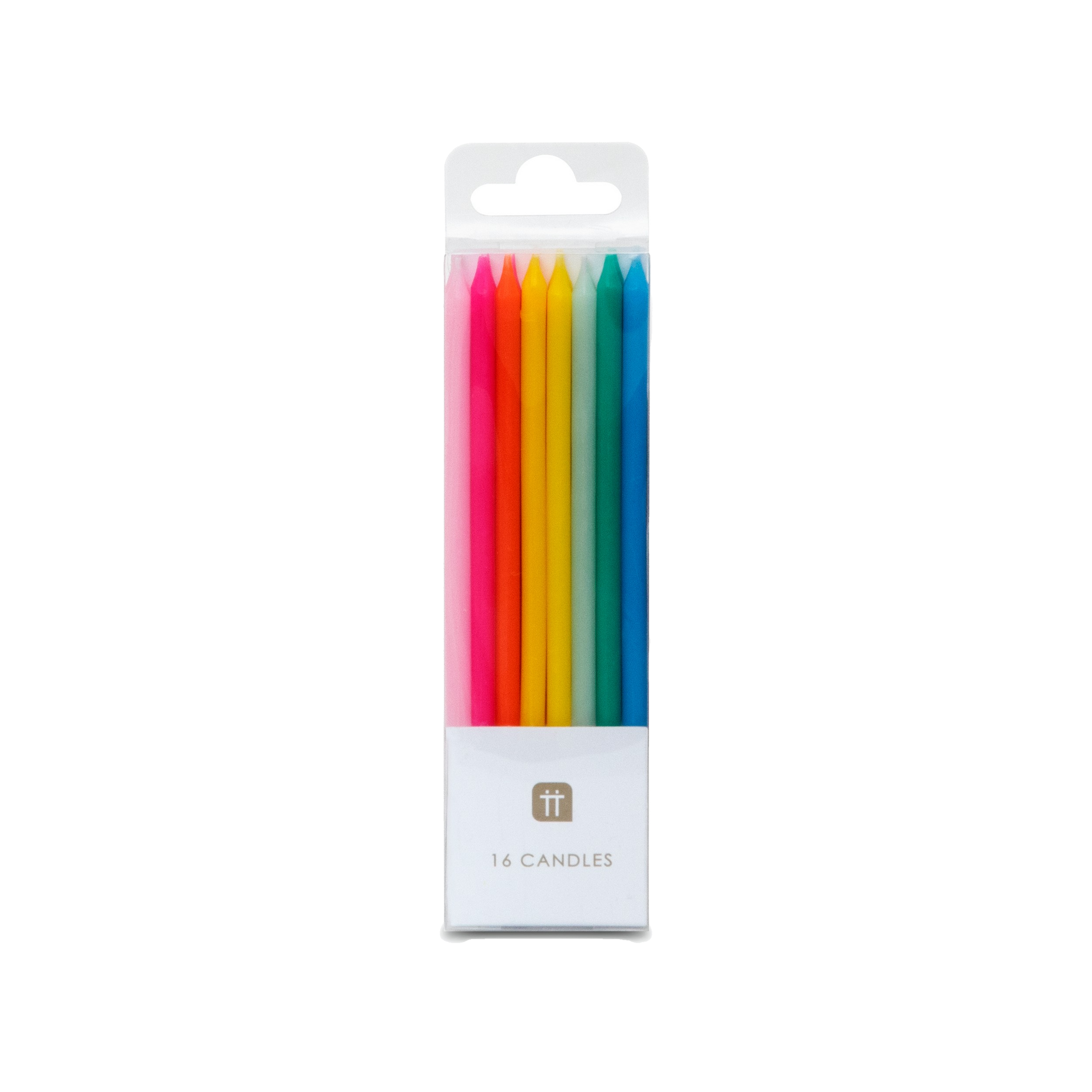Pack of 16 colorful rainbow candles, each 10cm tall, perfect for decorating cakes and cupcakes for birthdays, parties, or celebrations