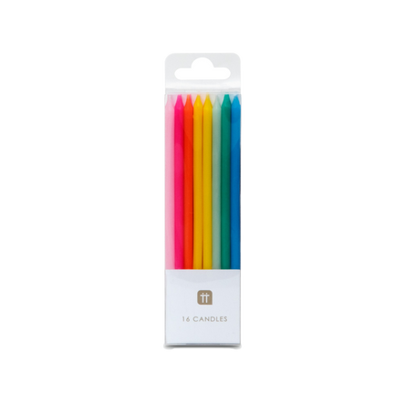 Pack of 16 colorful rainbow candles, each 10cm tall, perfect for decorating cakes and cupcakes for birthdays, parties, or celebrations