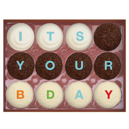 IT'S YOUR BDAY Standard Dozen comes with 3 Red Velvet, 5 Dark Chocolate, and 4 Vanilla.